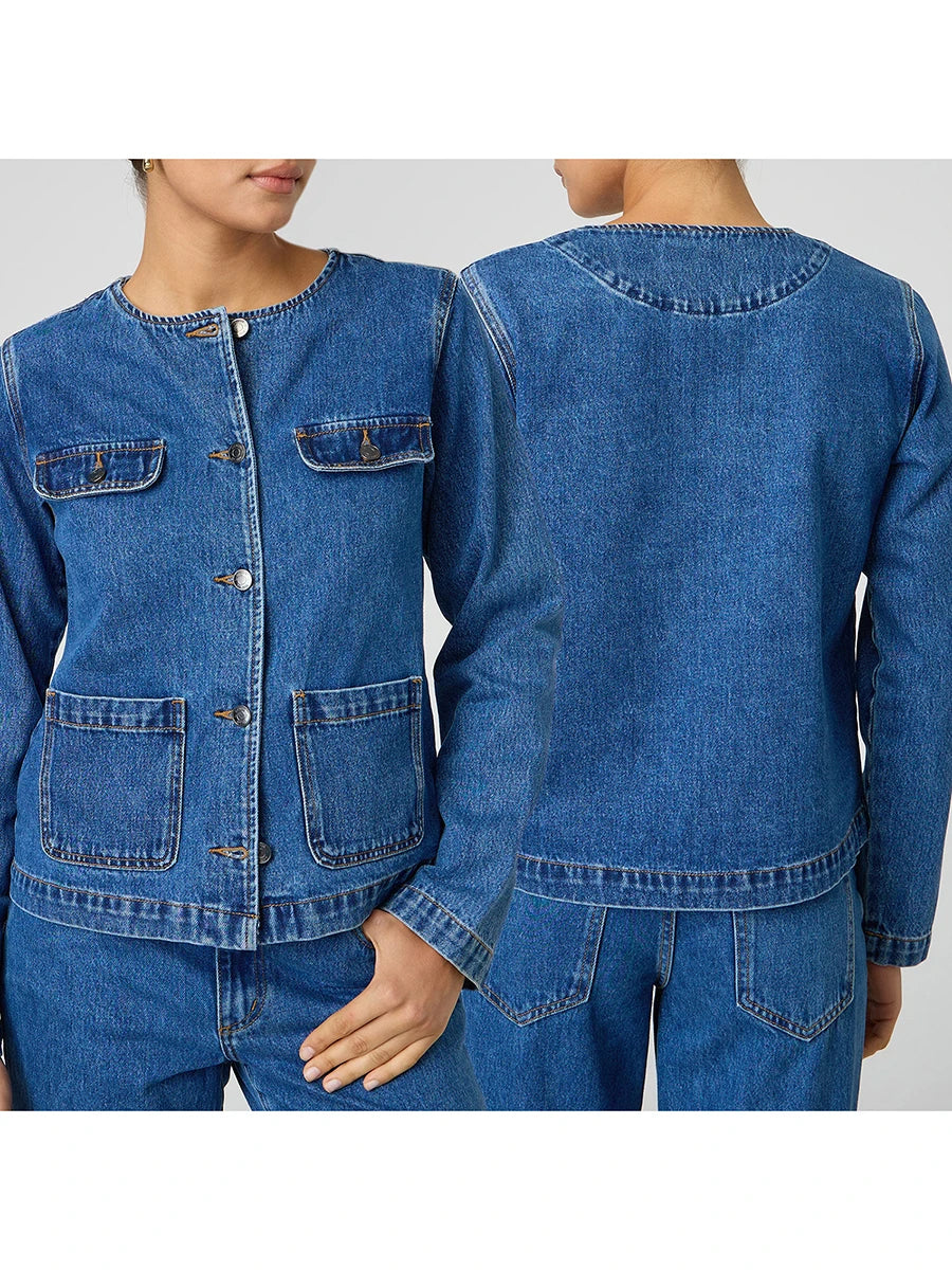 Ladies Classic Blue Denim Jacket with Round Neckline Long Sleeves and  Fit Button Down Design - Stylish Jean Coat