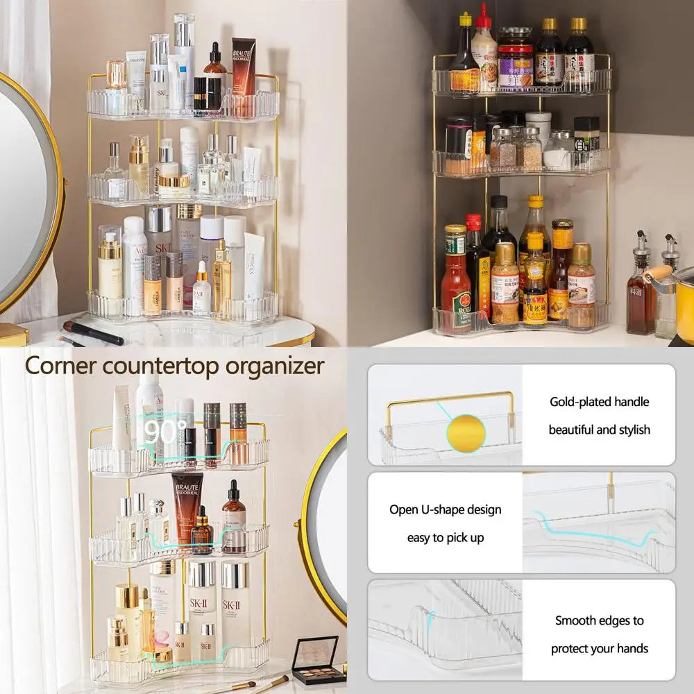3-Tier Corner Bathroom Counter Organizer – Classic Storage Shelf for Makeup, Perfume & Toiletries, Space-Saving Countertop Tray