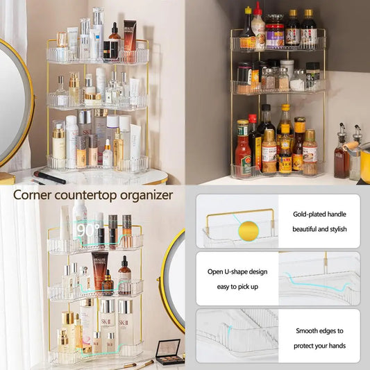 3-Tier Corner Bathroom Counter Organizer – Classic Storage Shelf for Makeup, Perfume & Toiletries, Space-Saving Countertop Tray