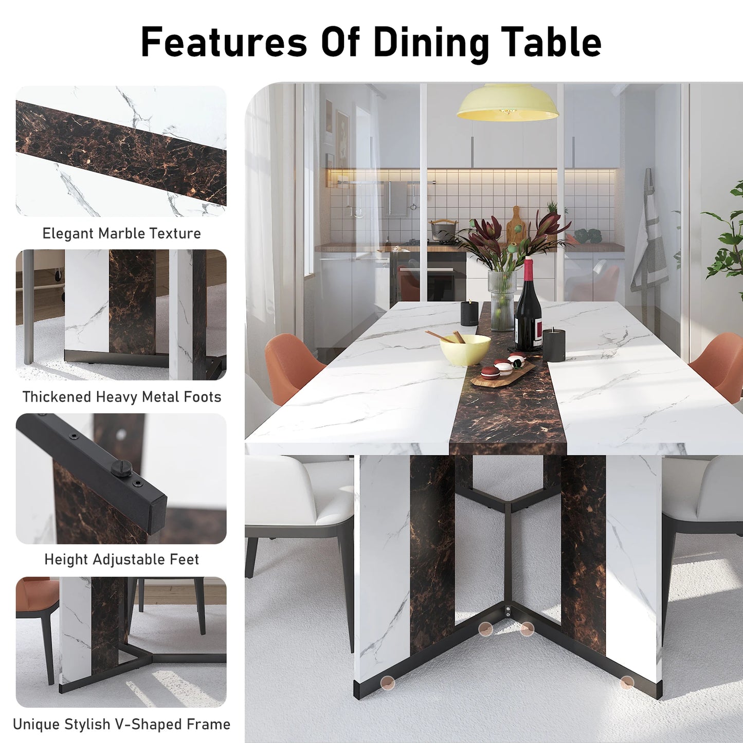 71" Large Luxurious Rectangular Dining Table for 6 8 10 People, Family Dinner Table w/Marble Color, Wood Tabletop, Metal Leg