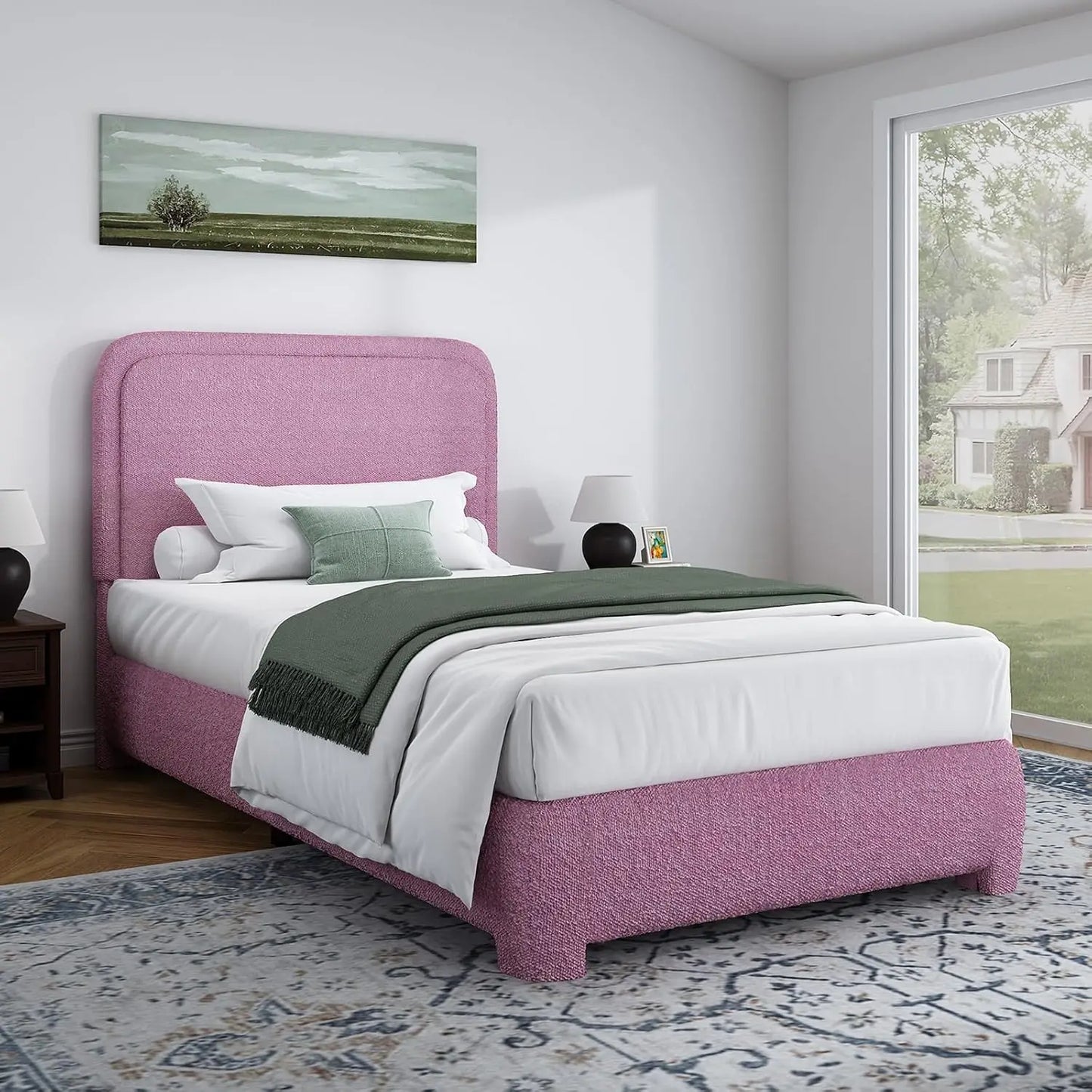 Twin Size Bed Frame, Boucle Upholstered Platform Bed with Headboard, Modern Style, Soft Rounded Corners, No Box Spring Required,