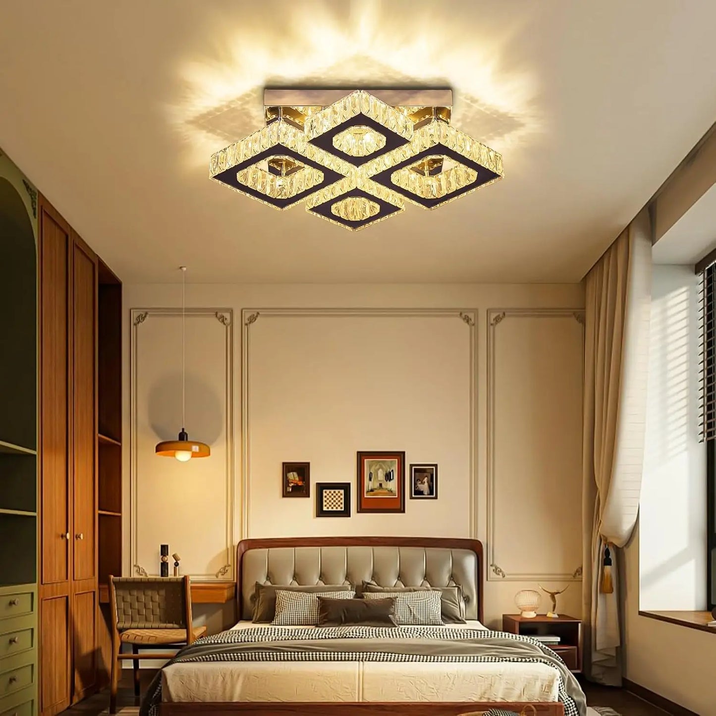 22" Crystal Chandelier Square Flush Mount Ceiling Light Modern LED 4 Lights Crystal Chandelier for Dining Room Bedroom Kitchen