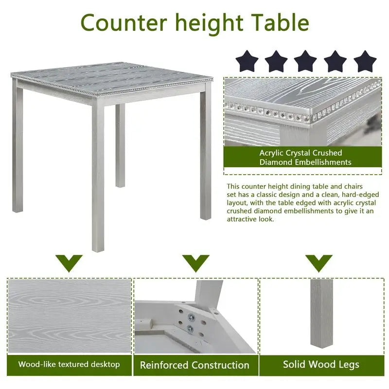 5-Piece Counter Height Dining Set, Wooden Table with Square Design and 4 Upholstered Chairs, Stylish Kitchen Furniture with