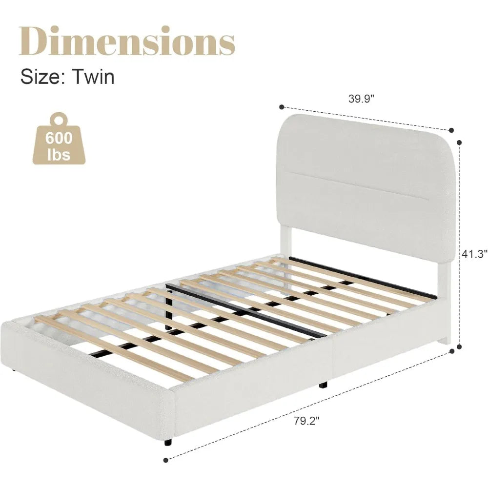 Twin Bed Frames with Headboard, Boucle Upholstered Platform Bed Twin Size for Kids, Rounded Corners & Thickened Footboard