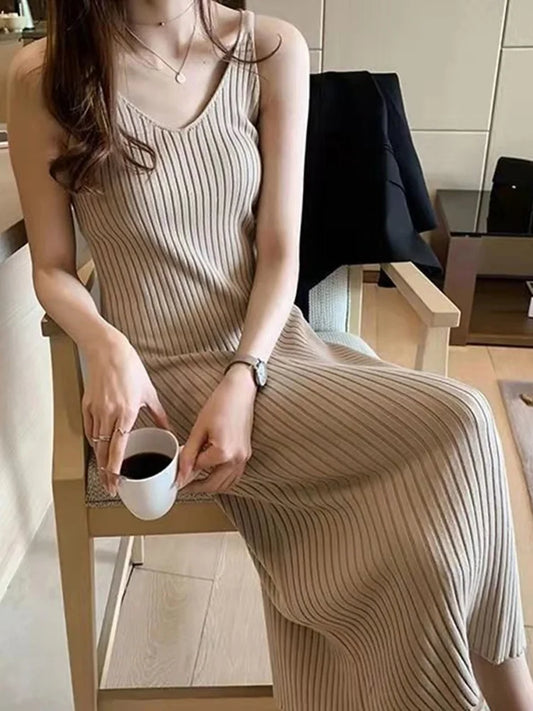 New Fashion Sleeveless Lady Elegant Office Knit Clothes Sexy Slip Dress for Women Autumn Spring Knitted Bottoming Long Dresses