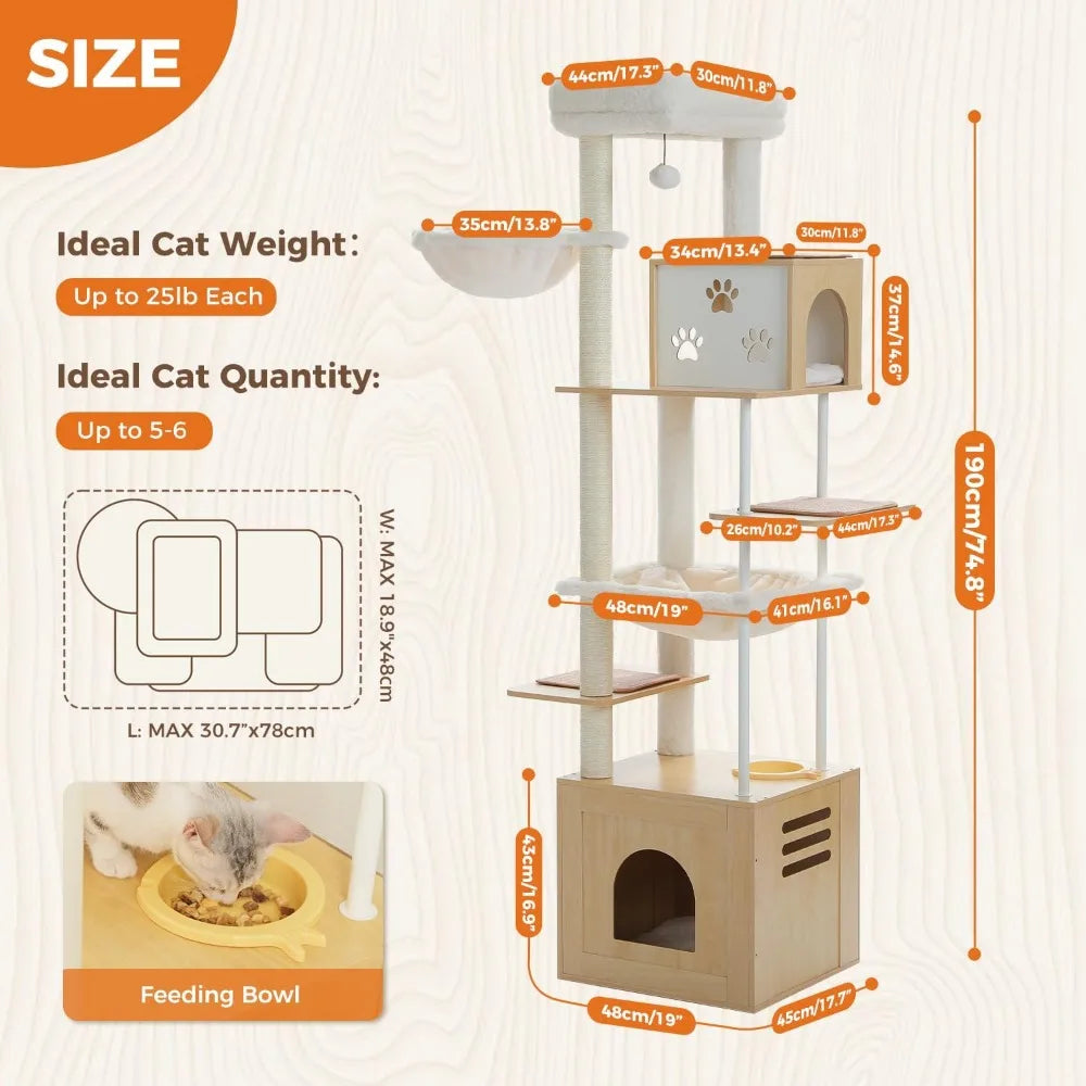 PAWZ Road Large Cat Tree with Food Station, 74.8 Inches Wooden Tall Cat Tower with Extra Large Condos and Hammocks,Spacious Perc