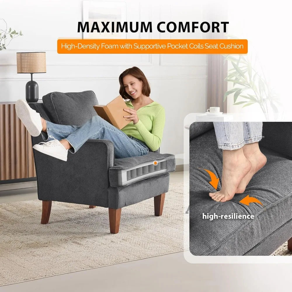 Mid-Century Modern Black Upholstered Accent Chairs Set of 2, Comfortable High-Back Sofa Chairs for Living Room Reading