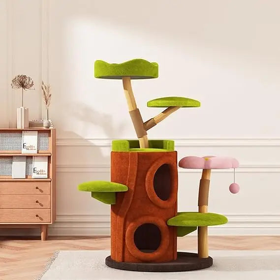 All-Season Multi-Level Solid Wood Cat Climbing Tree with Space Capsule Condo - Space-Saving Home Natural Trunk Design