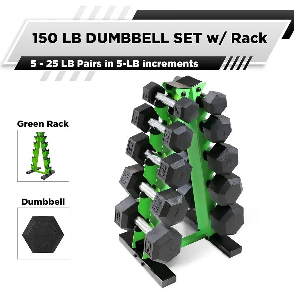 Rubber Coated Hex Dumbbells Set - 5 to 25 Lbs with Storage Rack for Muscle Toning and Strength Training