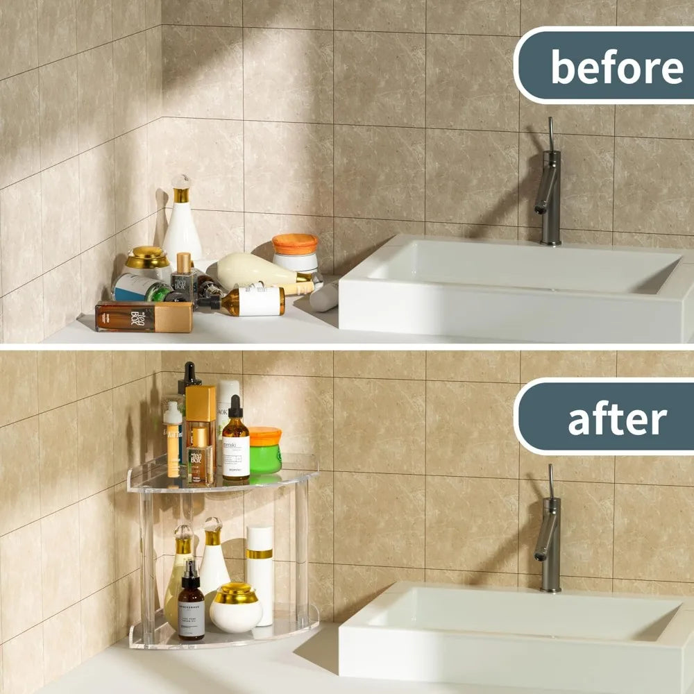 2 tier countertop corner organizer shelf 7x7x8 inch, acrylic bathroom organizer corner shelf for countertop, clear vanity storag