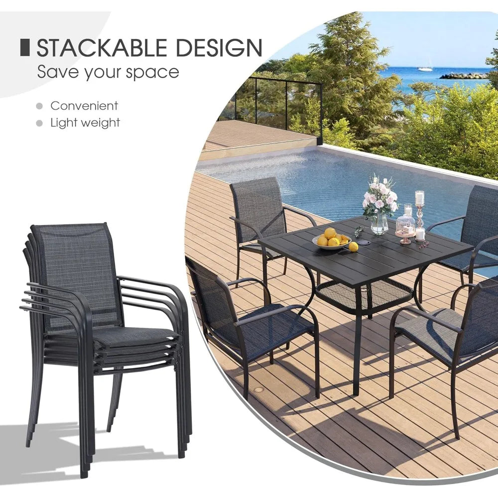 5 Pieces Patio Dining Set, Outdoor Furniture Set Includes 1 Square Outdoor Table and 4 Stackable Patio Sling Chairs, Black Tabl