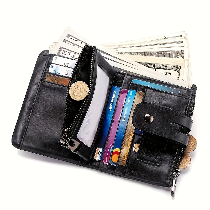 Chain Wallets for Men, Genuine Leather RFID Blocking Card Holder, Bifold Wallet With Double Zipper Coin Pocket