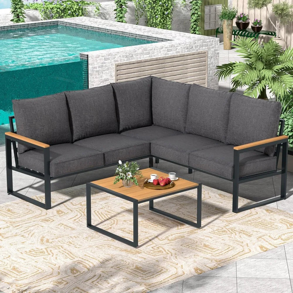 Metal Patio Furniture Set, 6 Pieces Outdoor Sectional Sofa Set with Side Table, L Shape Patio Conversation Set with Faux-Wood