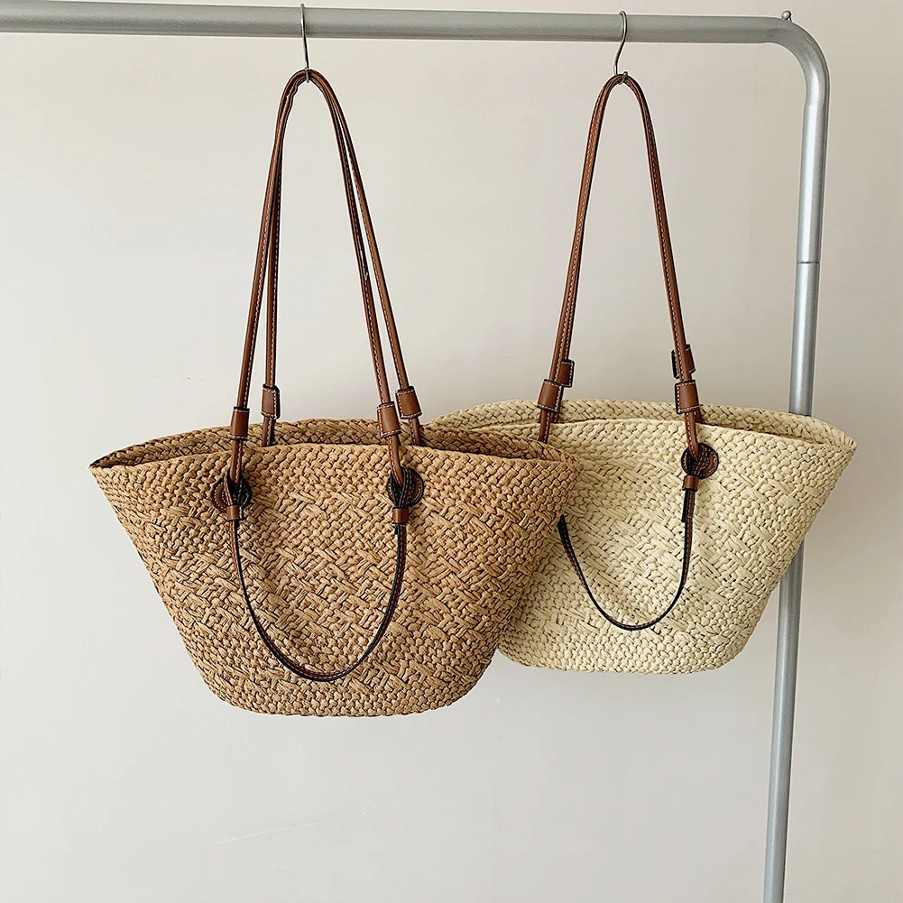 Women Woven Tote Bag Fashion Shoulder Bag Large Capacity Simple Woven Handbag Tote Clutch Bags Chic Hobo Bag for Party Vacation