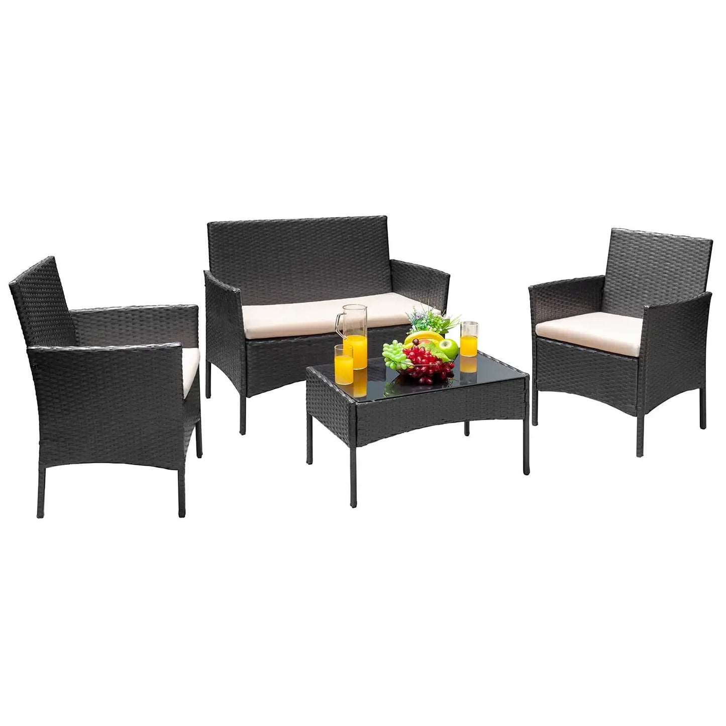 4 Pieces Patio Furniture Set Rattan Outside Furniture Wicker Sofa Garden Conversation Sets with Soft Cushion and Glass Table for