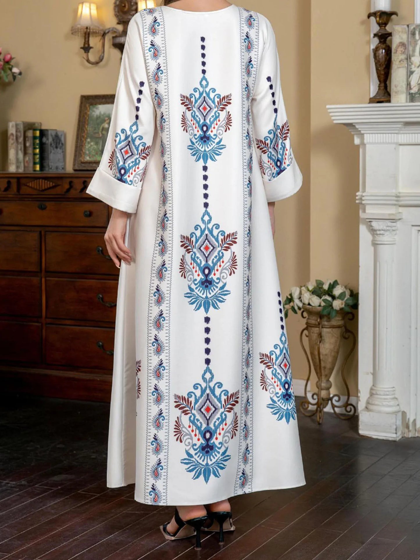 Women s Elegant Floral Print Maxi Dress Long Sleeve Round Neck Loose Fit Arab Style Kaftan Dress for Autumn