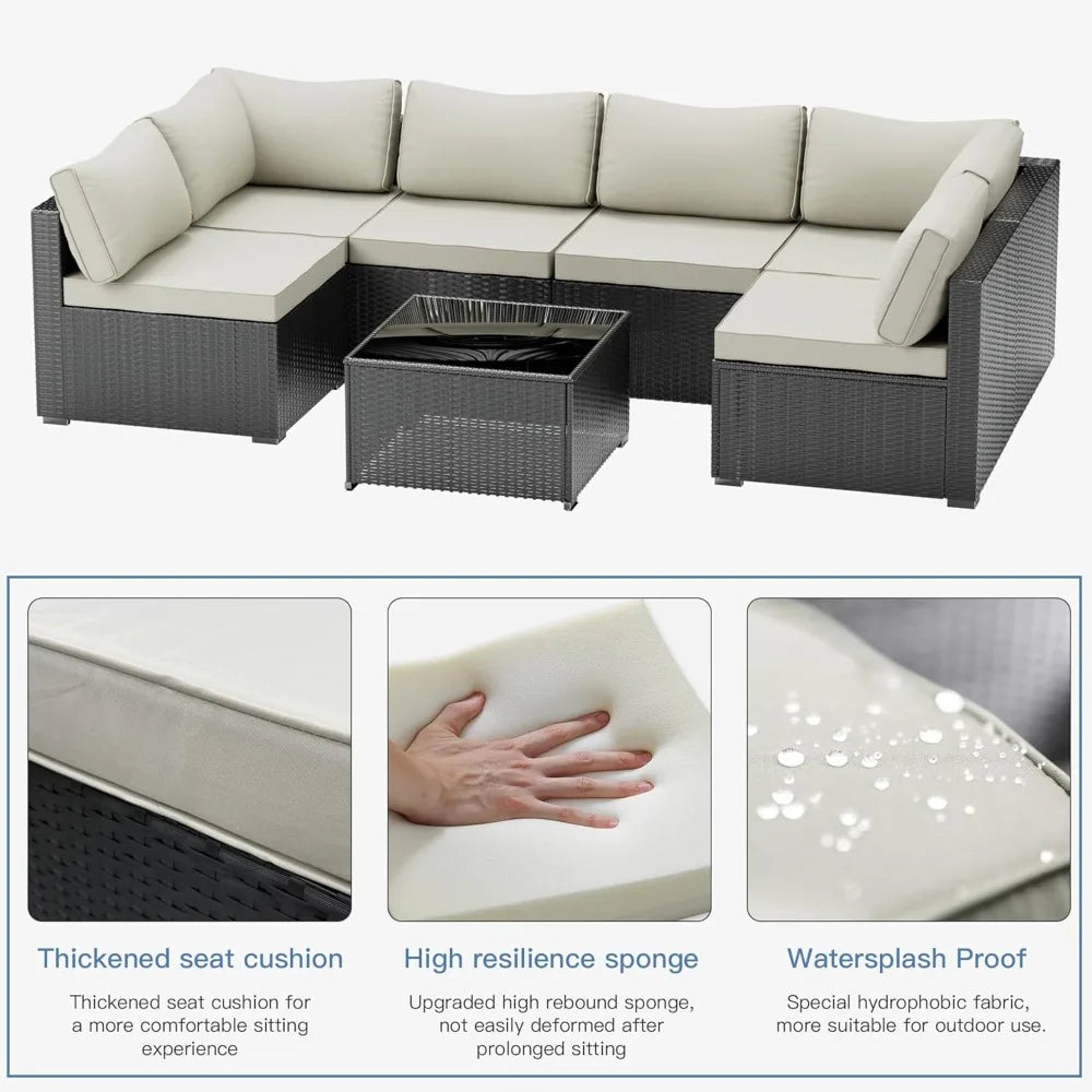 7 Pieces Patio Furniture Set - Outdoor Sectional Wicker Rattan Furniture with Cushion and Glass Table Patio Conversation Sets