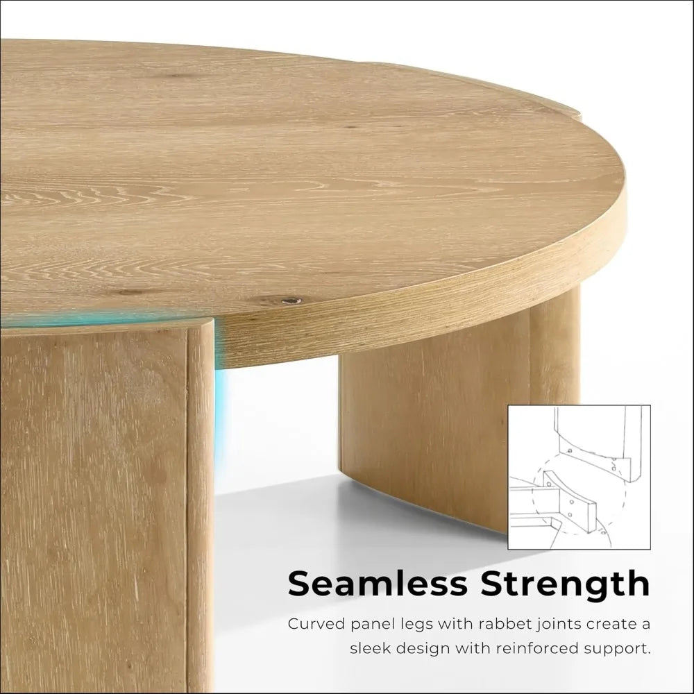 Carys Modern Solid Wood 42-inch Round Coffee Table with Plinth Base, Living Room Furniture for Small Space, Home Office, Oak