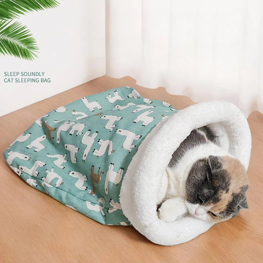 Winter Warm Pet Sleeping Bag Lamb Wool Warm Kitten Nest Drilling Hole Bedding Semi Closed Small Dog Kennel for Both Dogs Cats
