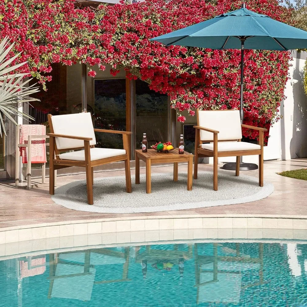 Patio Chairs 3 Piece Acacia Wood Patio Furniture with Coffee Table & Cushions Outdoor Conversation Set Balcony Chairs