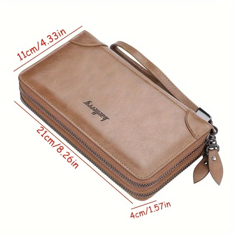Men's Business Long Wallet, PU Leather Large Capacity Clutch Bag, Mobile Phone Bag With Wristlet, Double Zipper Handbag