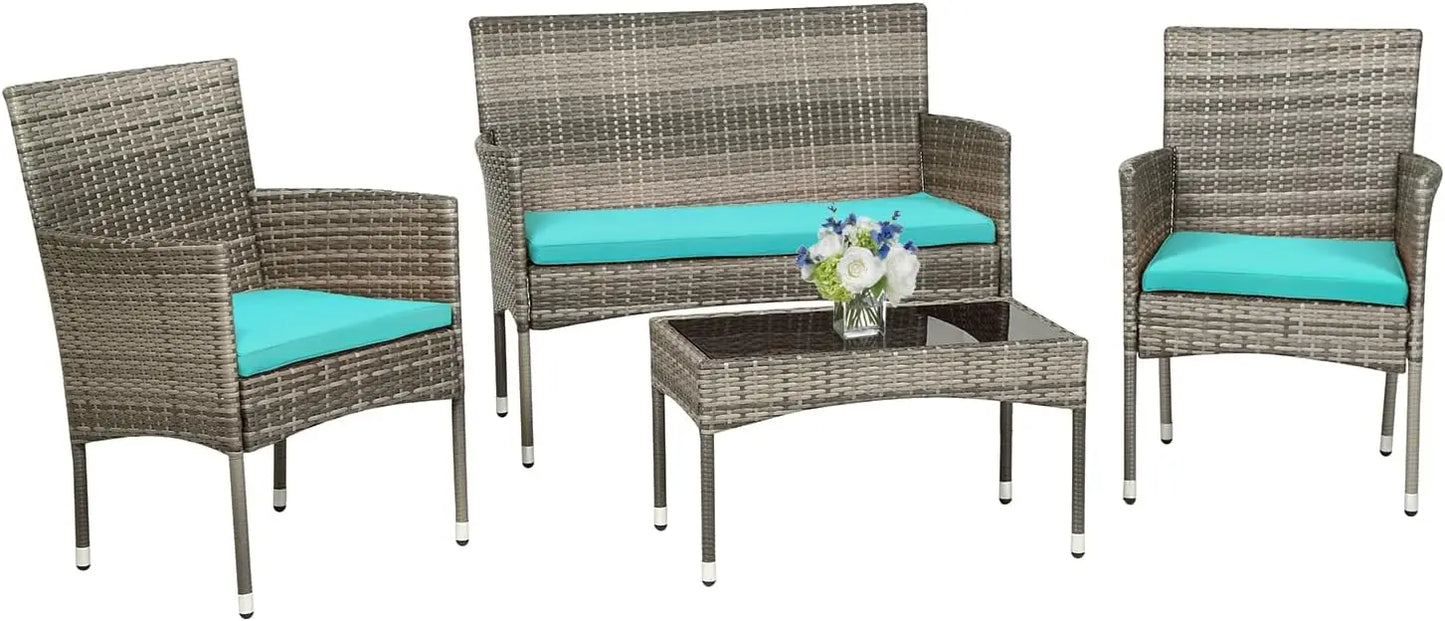 4 Pieces Patio Furniture Set Rattan Outside Furniture Wicker Sofa Garden Conversation Sets with Soft Cushion and Glass Table for