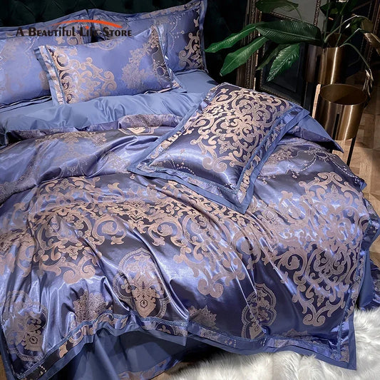 Soft Satin Jacquard Cotton Bedding Set, Luxury Duvet Cover, Blue, Gold, Gray, Queen, King Bed Sheet, Pillowcases, Home Textiles