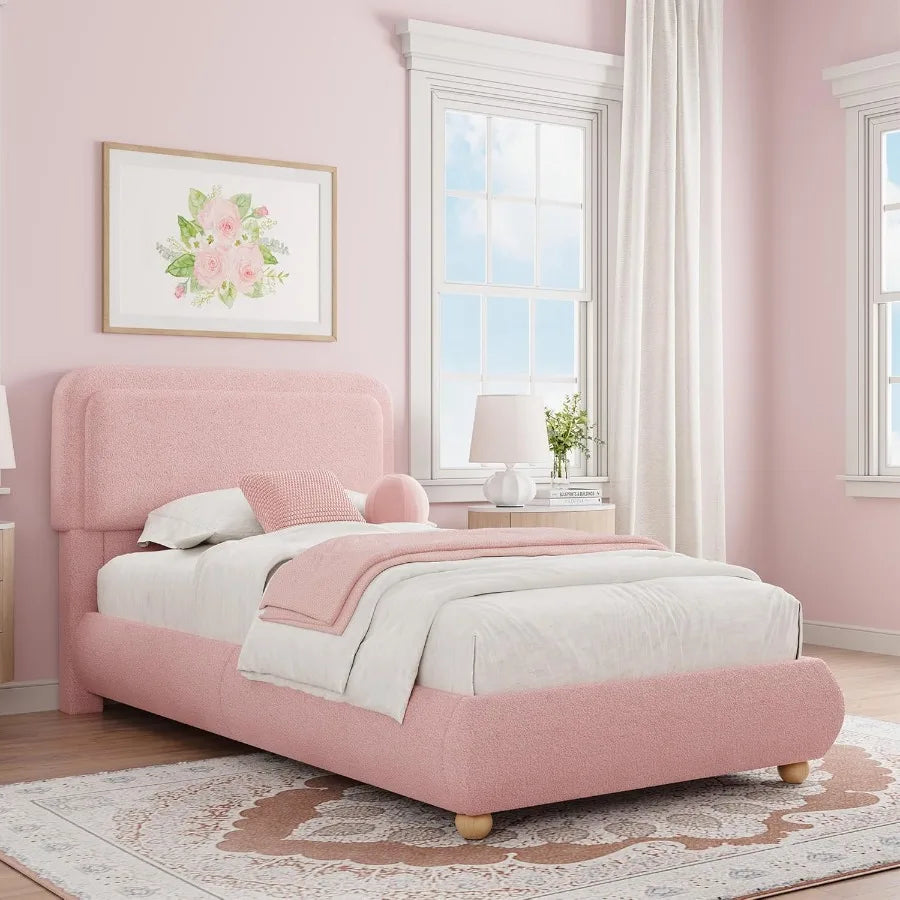 Pink Boucle Cloud Bed Frame with Soft Round Corner Headboard Twin Boho Cute Upholstered Beds with Fluffy Thickened Footboard So