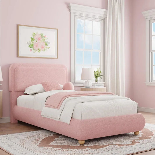 Pink Boucle Cloud Bed Frame with Soft Round Corner Headboard Twin Boho Cute Upholstered Beds with Fluffy Thickened Footboard So