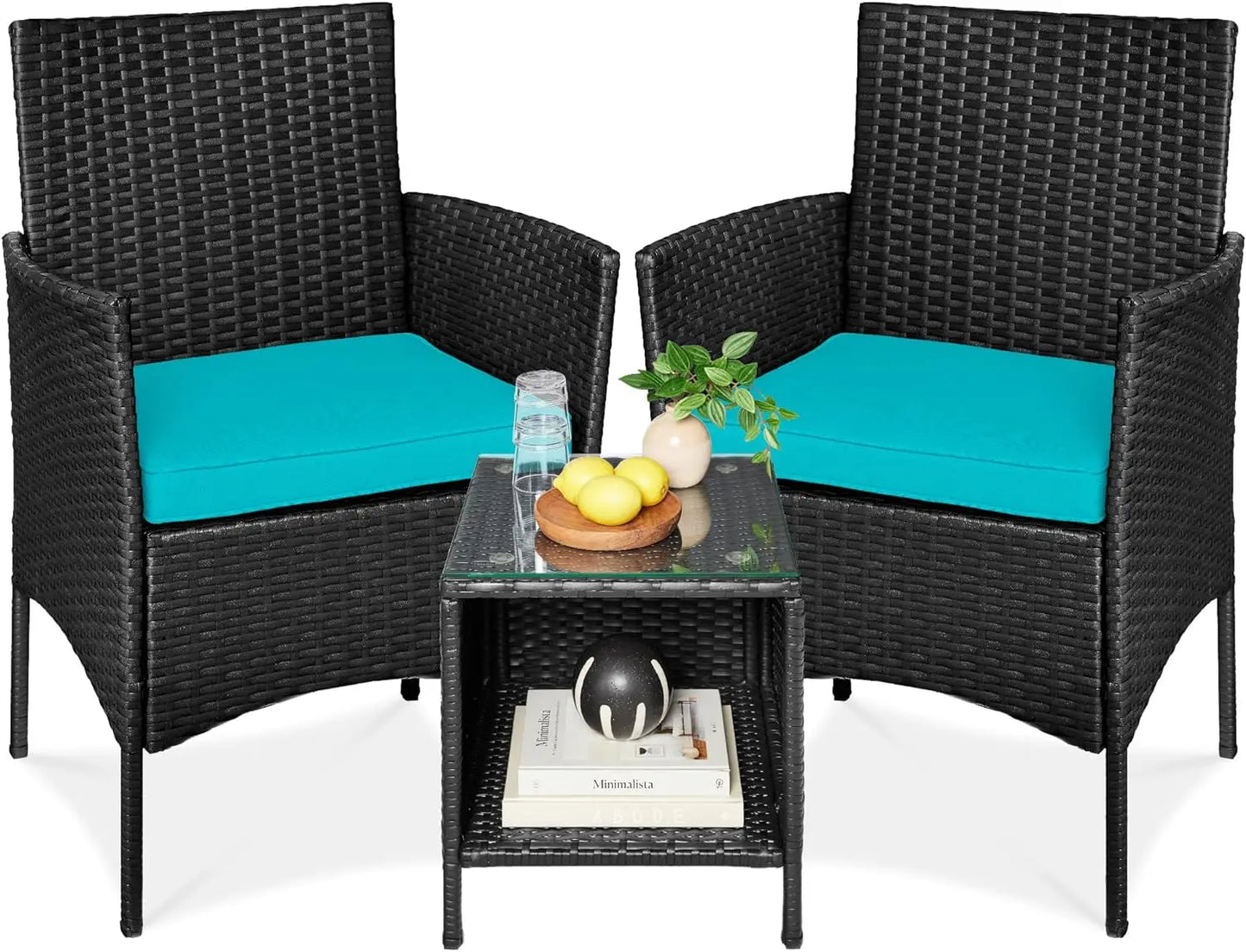 3-Piece Outdoor Wicker Conversation Bistro Set, Space Saving Patio Furniture for Garden w/Side Table