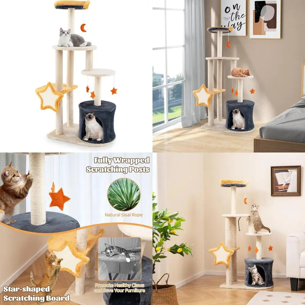 50-inch multi-level cat tower with condo, sisal scratching posts, board, plush top perch, and platform