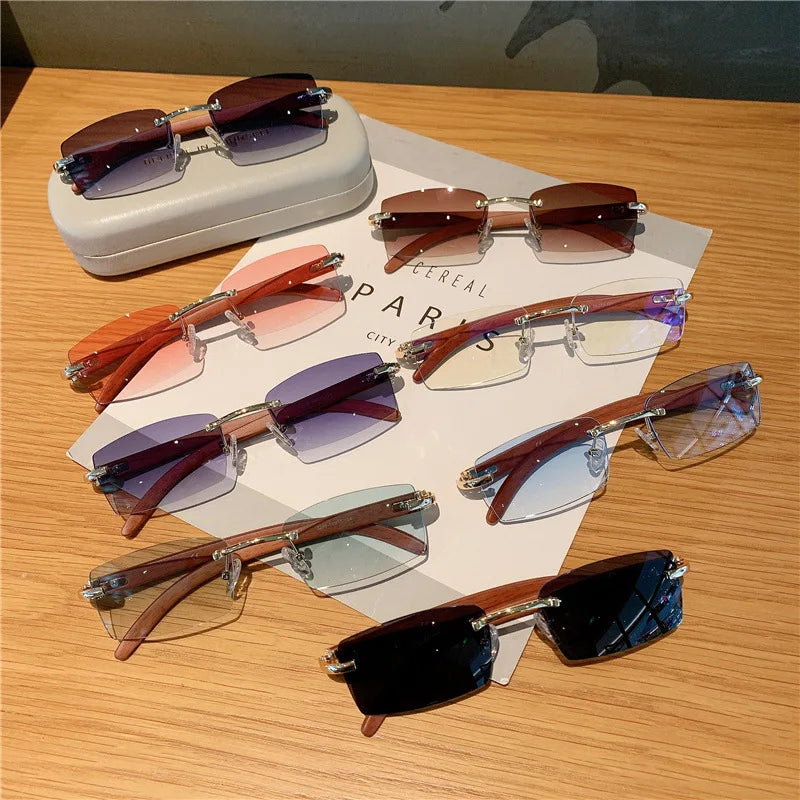 Fashion Sunglasses Men's And Women's Frameless Imitation Wood Grain Mirror Leg Sunglasses