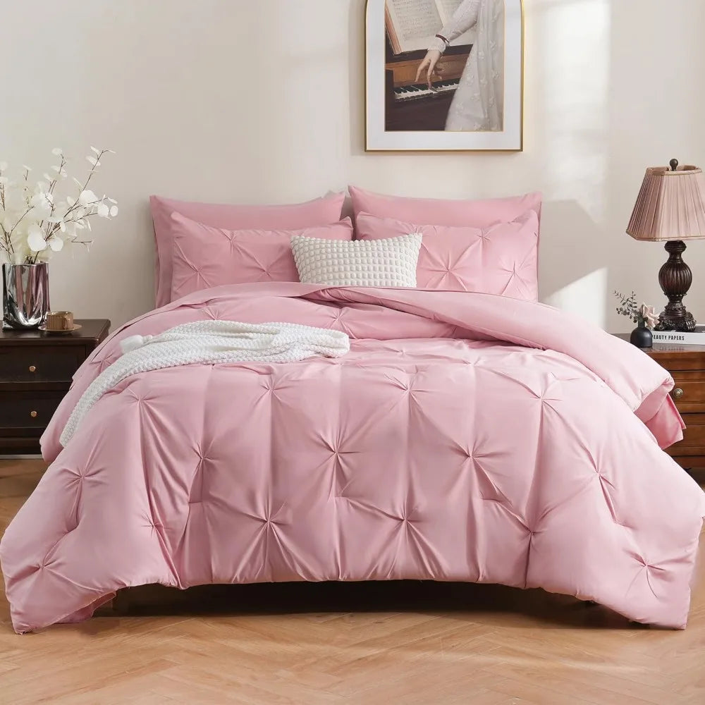 DOWNCOOL 7 Pieces King Size Comforter Set, Pink Pintuck Bed in A Bag, Pinch Pleat King Size Bed Set,All Season Bedding Sets with