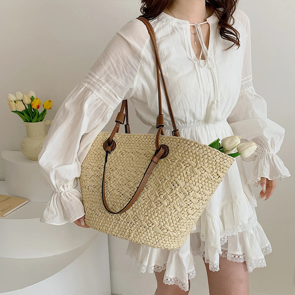 Women Woven Tote Bag Fashion Shoulder Bag Large Capacity Simple Woven Handbag Tote Clutch Bags Chic Hobo Bag for Party Vacation