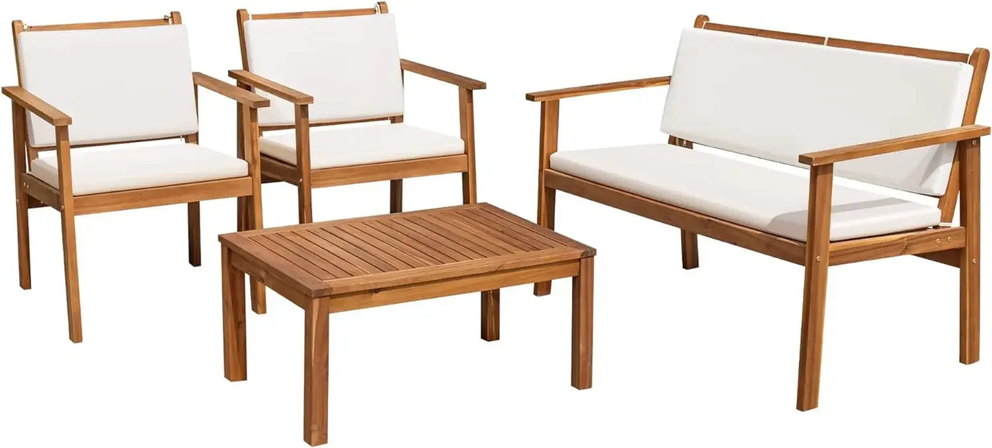 Patio Chairs 3 Piece Acacia Wood Patio Furniture with Coffee Table & Cushions Outdoor Conversation Set Balcony Chairs