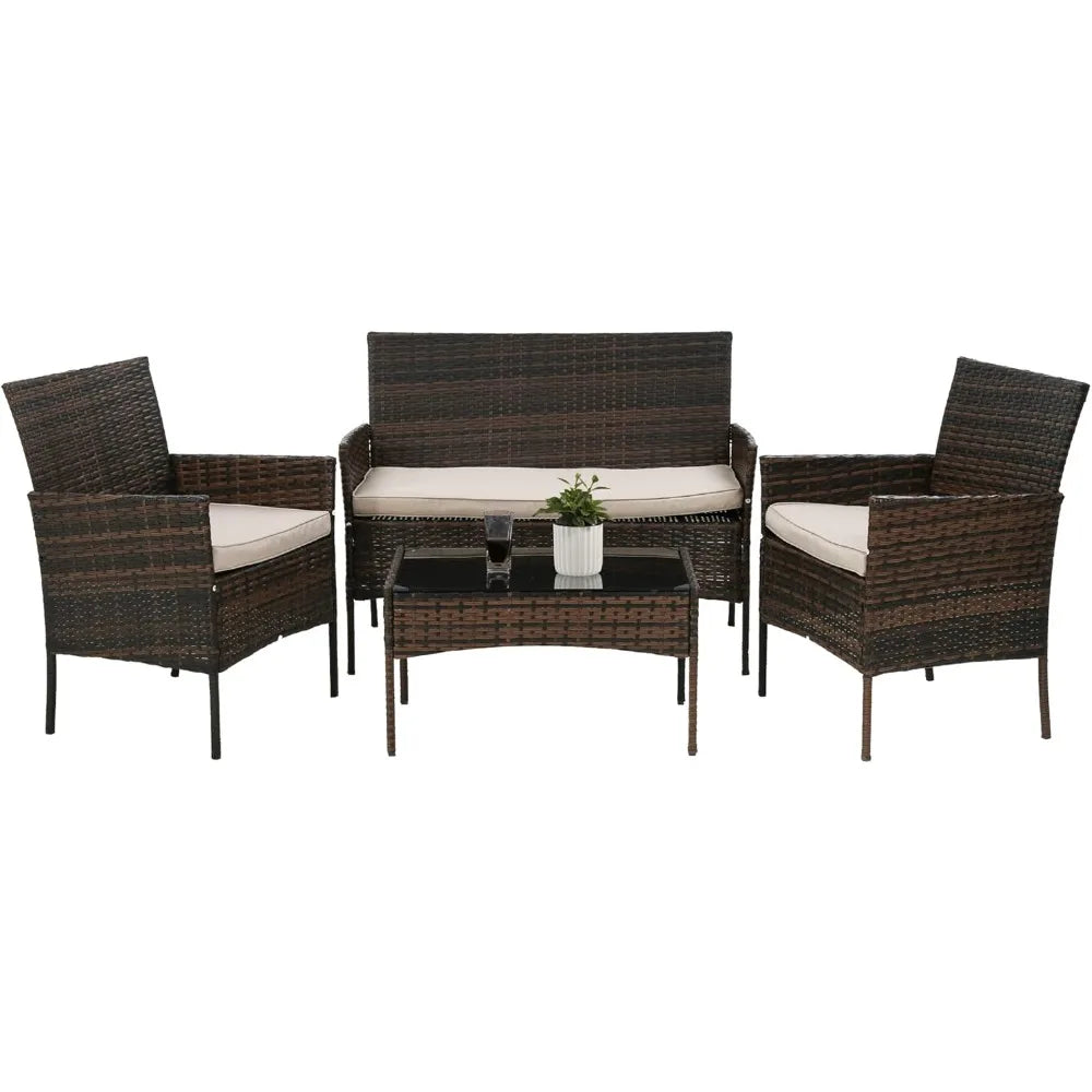 4 Pieces Patio Furniture Set Rattan Outside Furniture Wicker Sofa Garden Conversation Sets with Soft Cushion and Glass Table for