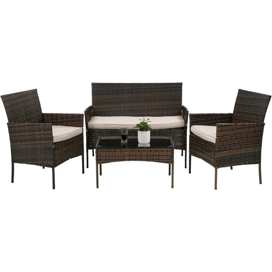 4 Pieces Patio Furniture Set Rattan Outside Furniture Wicker Sofa Garden Conversation Sets with Soft Cushion and Glass Table for