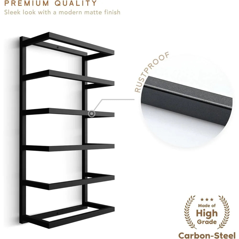 Space-Saving Wall-Mounted Black Metal 5-6 Tier Towel Rack for Bathroom Storage and Organization