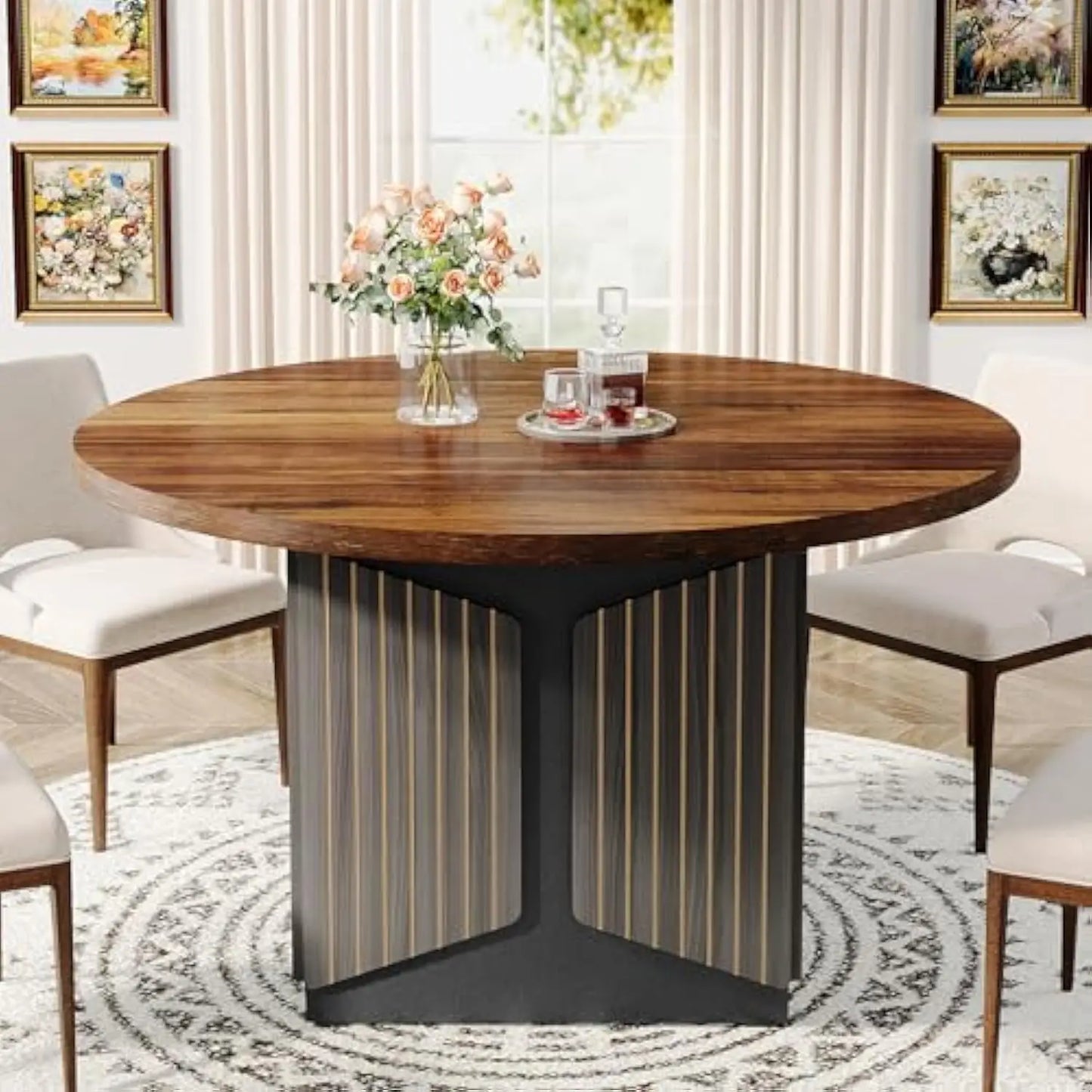 Round Dining Table for 4-6 People, 47 英寸 Wood Farmhouse Circle Kitchen Table, Round Dining Table for Dining Room, Kitchen, L