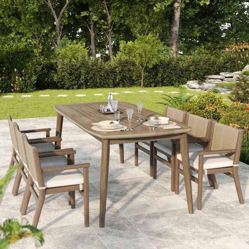 8-Person Outdoor Dining Table, Acacia Wood Farmhouse Furniture for Patio, Garden, or Backyard, Light Brown Color, 180 lbs