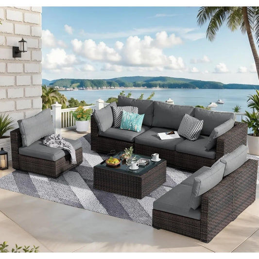 Patio Furniture Set 7 Piece Outdoor Wicker Sectional Sofa - All Weather High Backrest PE Rattan