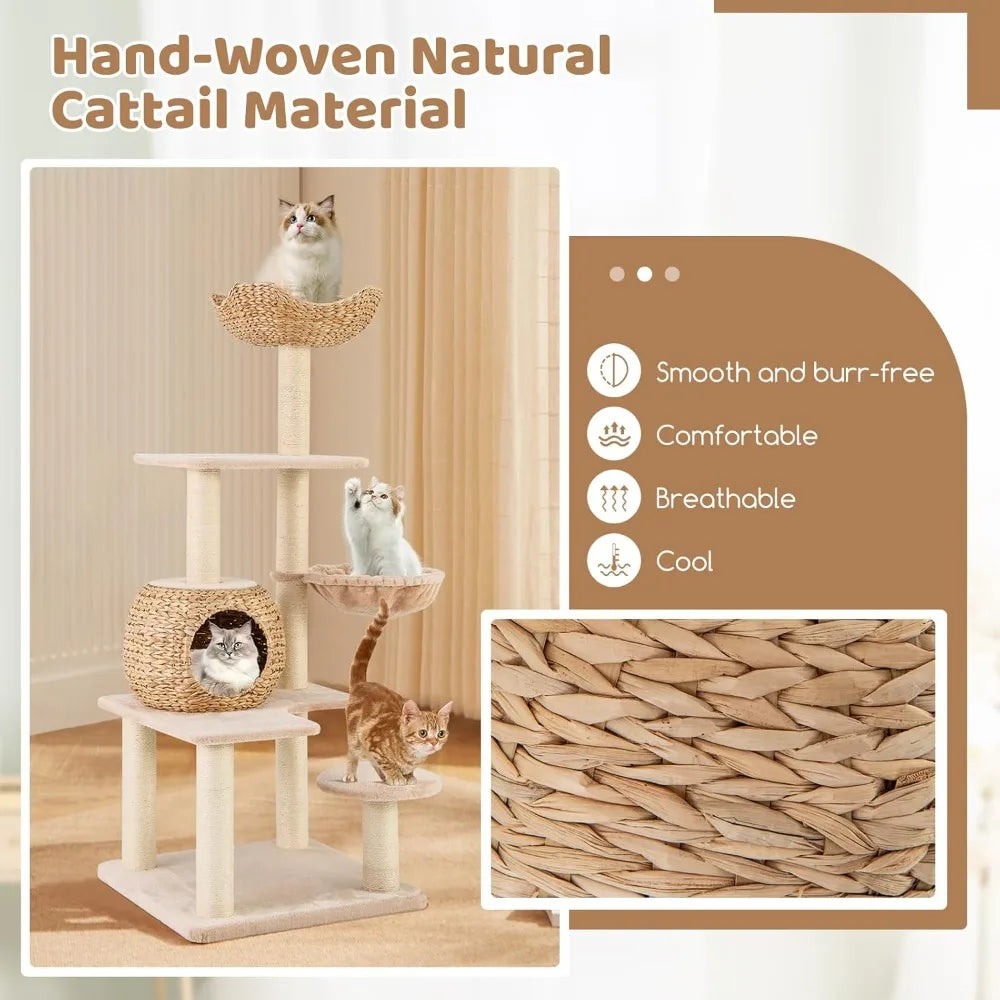 PETSITE 59 inch Cattail Tree Tower, Multi-Level Cat Tower with Natural Sisal Scratching Posts, Cat Condo