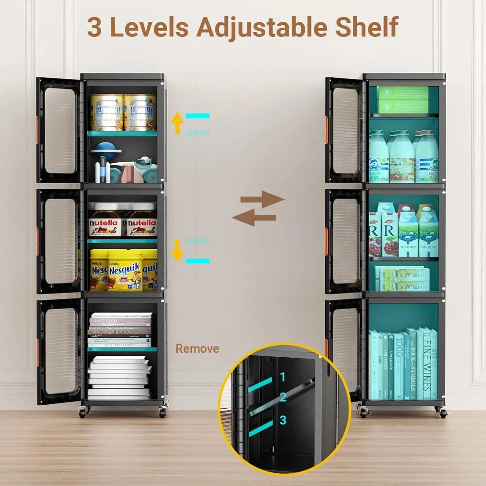 Adjustable Door and Shelf Plastic Storage Cabinet for Slim Spaces, Ideal for Kitchen Pantry and Narrow Bathroom Organizers