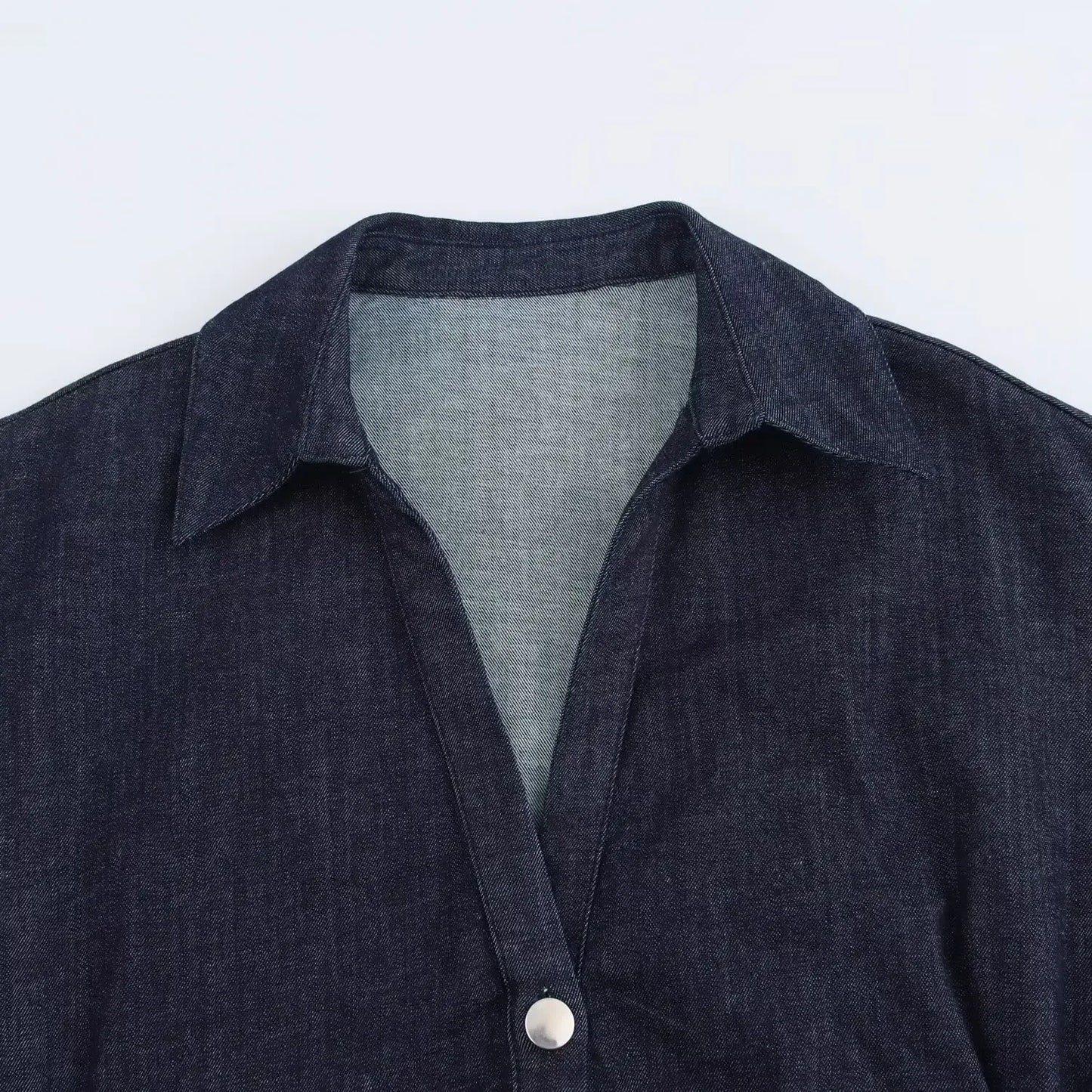 2025  Spring New 1975 series denim dress with lapel side zipper fashion wrinkle waist slim elegant dress