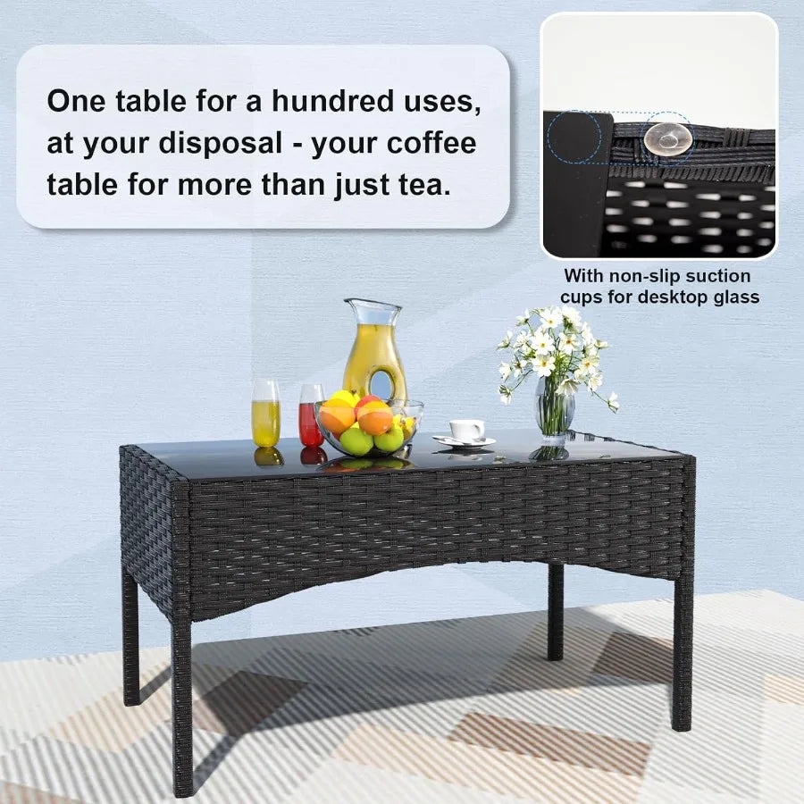 Gotland 4Piece Outdoor Patio Furniture Set Wicker Rattan Chairs Sofa with Cushions and Glass Coffee Table Conversation Set for