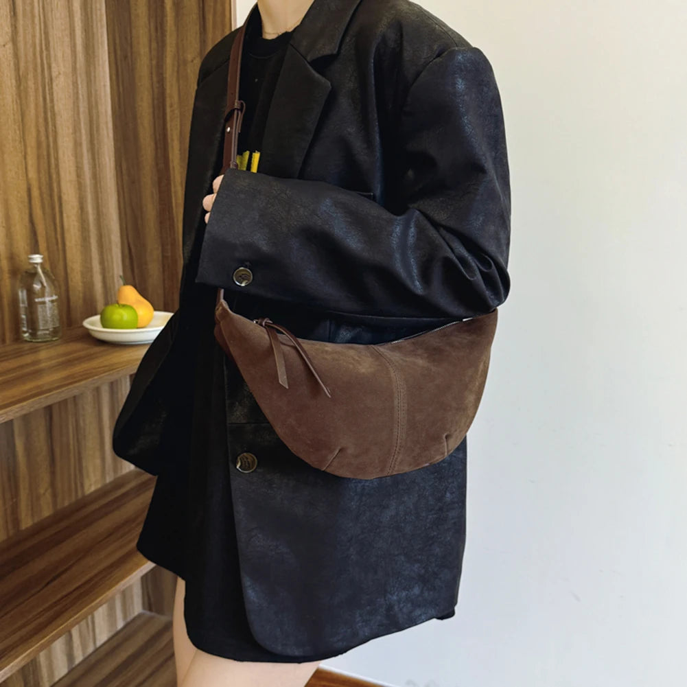 Crescent Bag for Women Men Adjustable Strap Shoulder Bag Suede Multi-pocket Handbag Solid Dumpling Bag for Work Travel