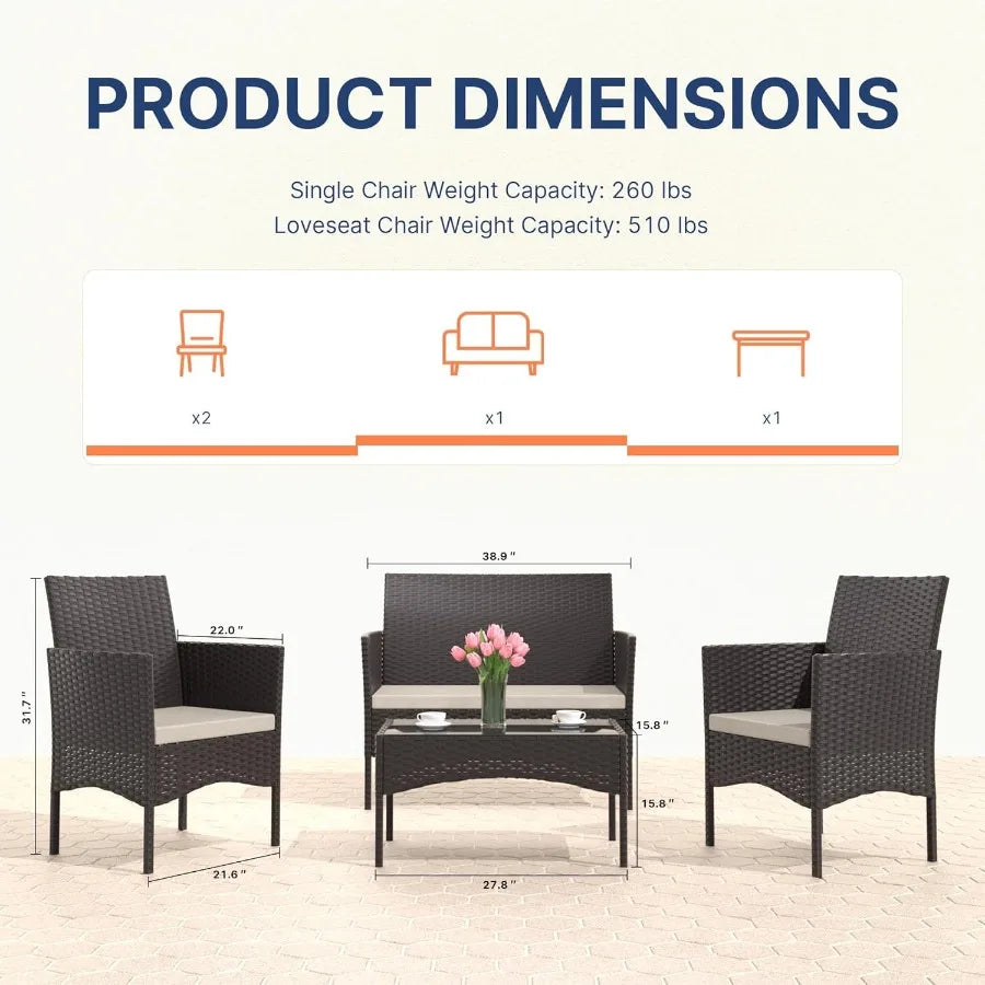 Gotland 4Piece Outdoor Patio Furniture Set Wicker Rattan Chairs Sofa with Cushions and Glass Coffee Table Conversation Set for