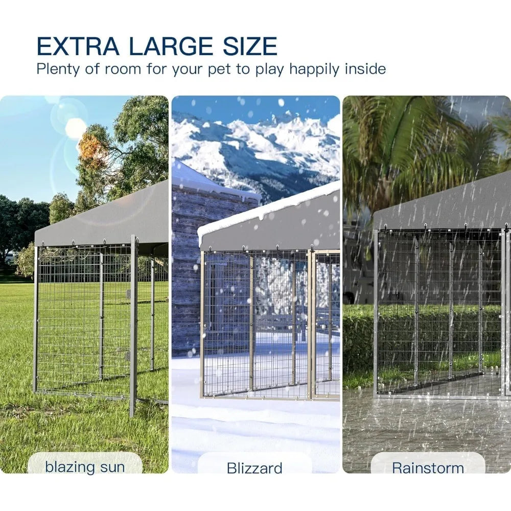 Large Outdoor Dog Kennel - 10x10x6, Heavy-Duty Galvanized Steel Construction, Double Lock Security