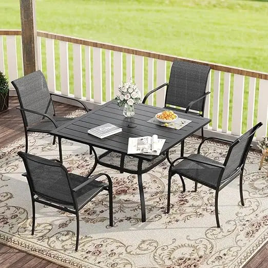 5 Pieces Patio Dining Set, Outdoor Furniture Set Includes 1 Square Outdoor Table and 4 Stackable Patio Sling Chairs, Black Tabl