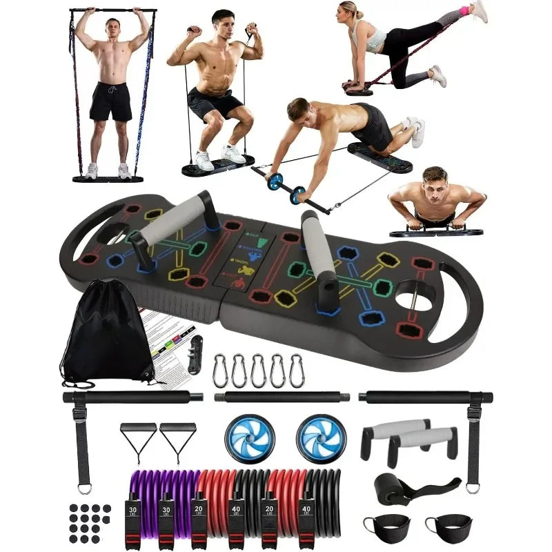 Authenticity guarantee.Portable Exercise Equipment with 16 Gym Accessories.20 in 1 Push Up Board Fitness,Resistance Bands with A